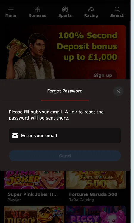 Forgot Password modal on Mr James Casino mobile screen