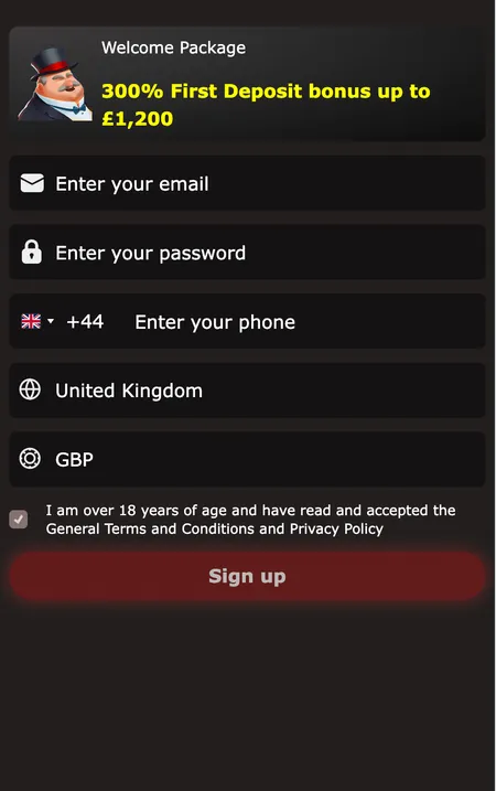 Mr James 300% first deposit bonus registration screen